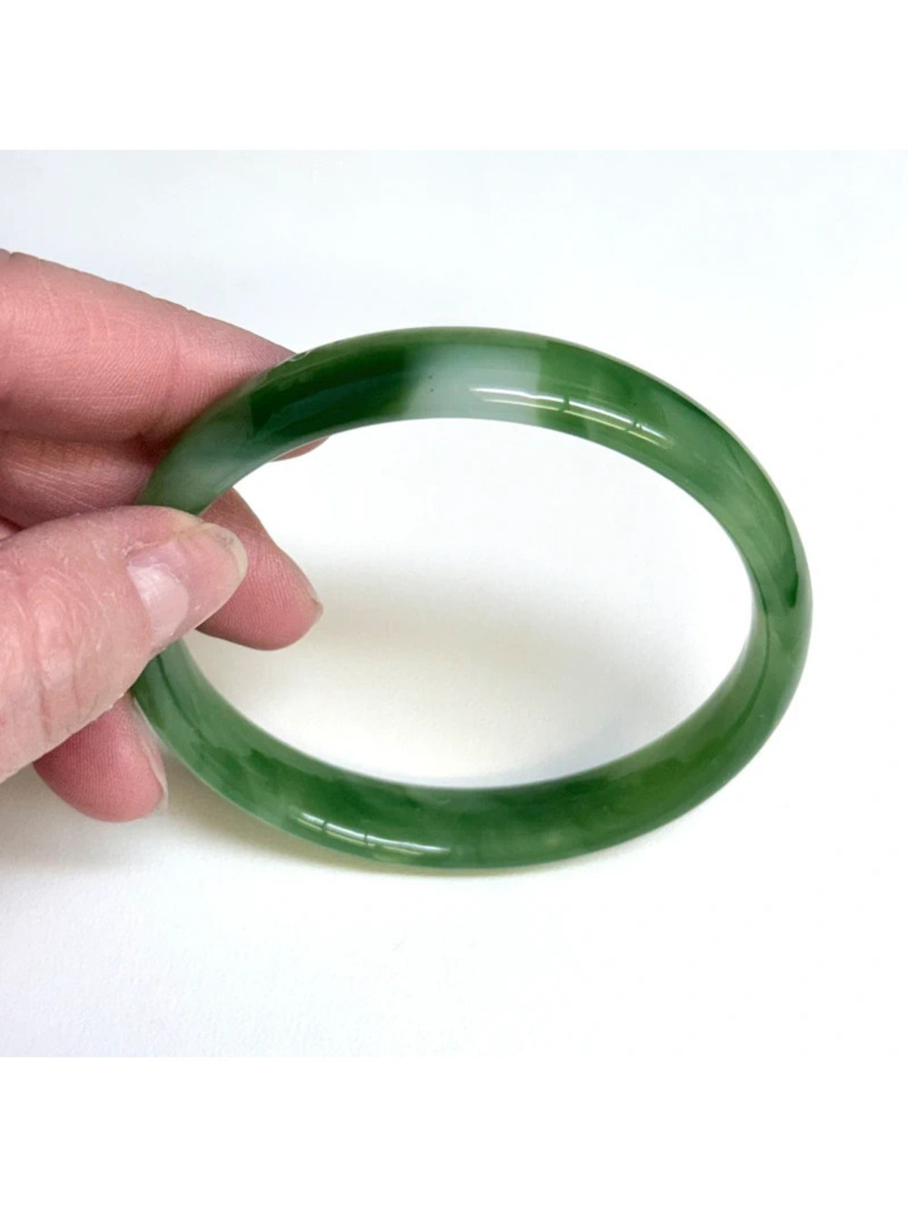 Vintage Natural Green White Nephrite Jade Bangle Bracelet Solid Carved